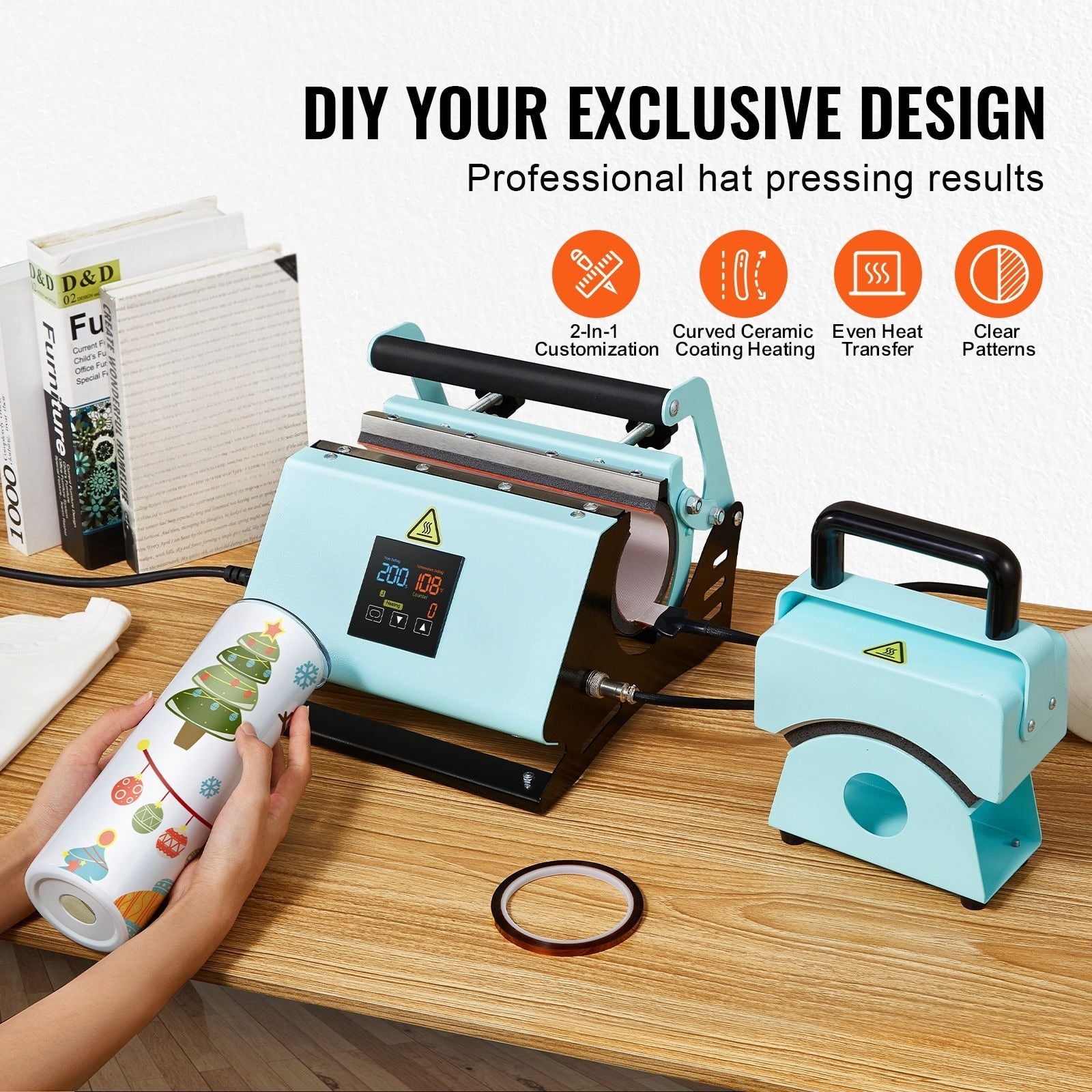 2-In-1 hat hot press and cup press, mini cap press for hats/hats, 11-30oz sublimation roller press, digital temperature and time control, green