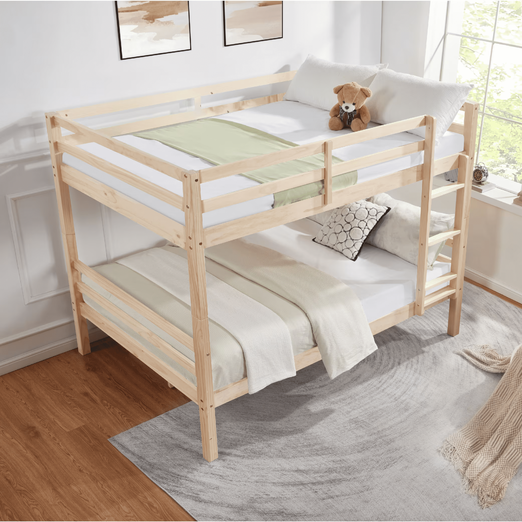 MAYEERTY Full over Full Bunk Bed with Thick Posts, Wooden Bed Frame with High Guardrail and Ladder for Teens, No Box Spring Needed, Natural