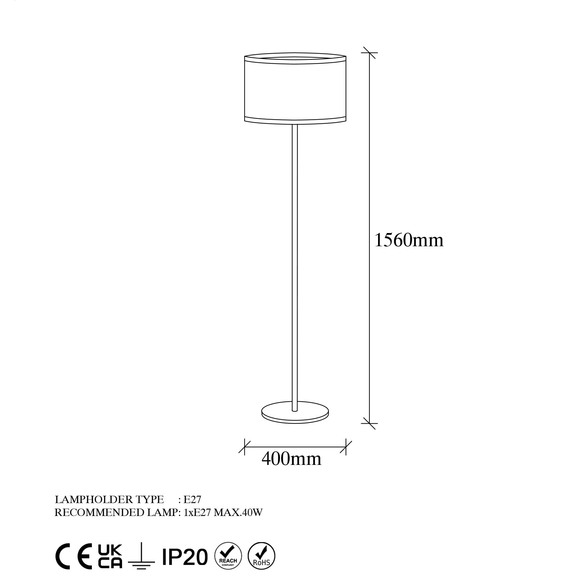 Vintage Floor Lamp with Metal Body, 15.7 x 15.7 x 61.4 inches | Glass Cap, 15.7-inch Cap Diameter, 11.8-inch Cap Height | On/Off Button on Cable, E27 Socket (Max 40W)