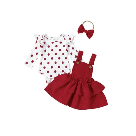 

Wilcliar 3Pcs Newborn Baby Girl Fall Outfits 0M 3M 6M 9M 12M 18M Infant Dot Print Ribbed Knit Romper Ruffles Suspender Skirt Headband Clothes Set