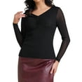 thumbnail image 1 of Camisa casual de fiesta de manga larga semi transparente con fruncidos y panel de lentejuelas en V para mujer, talla XL, negra, 1 of 6