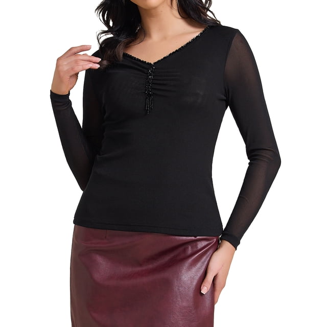 Camisa casual de fiesta de manga larga semi transparente con fruncidos y panel de lentejuelas en V para mujer, talla XL, negra
