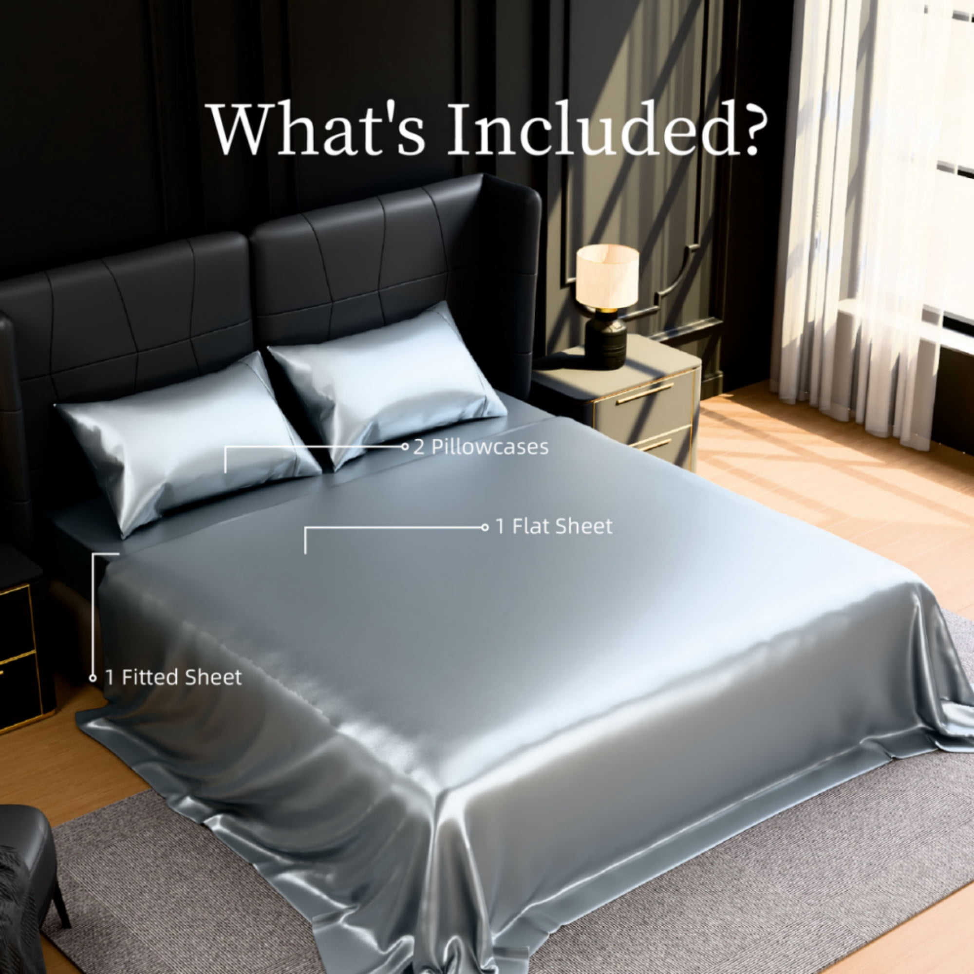 GARITIN 90GSM Satin Queen 4-Piece Bed Sheets Set, Silky Soft Smooth Luxury Bedding with 2 Pillowcases, 15-Inch Deep Pocket Fitted Sheet, Cooling Breathable Wrinkle Resistant Easy Care, Grey