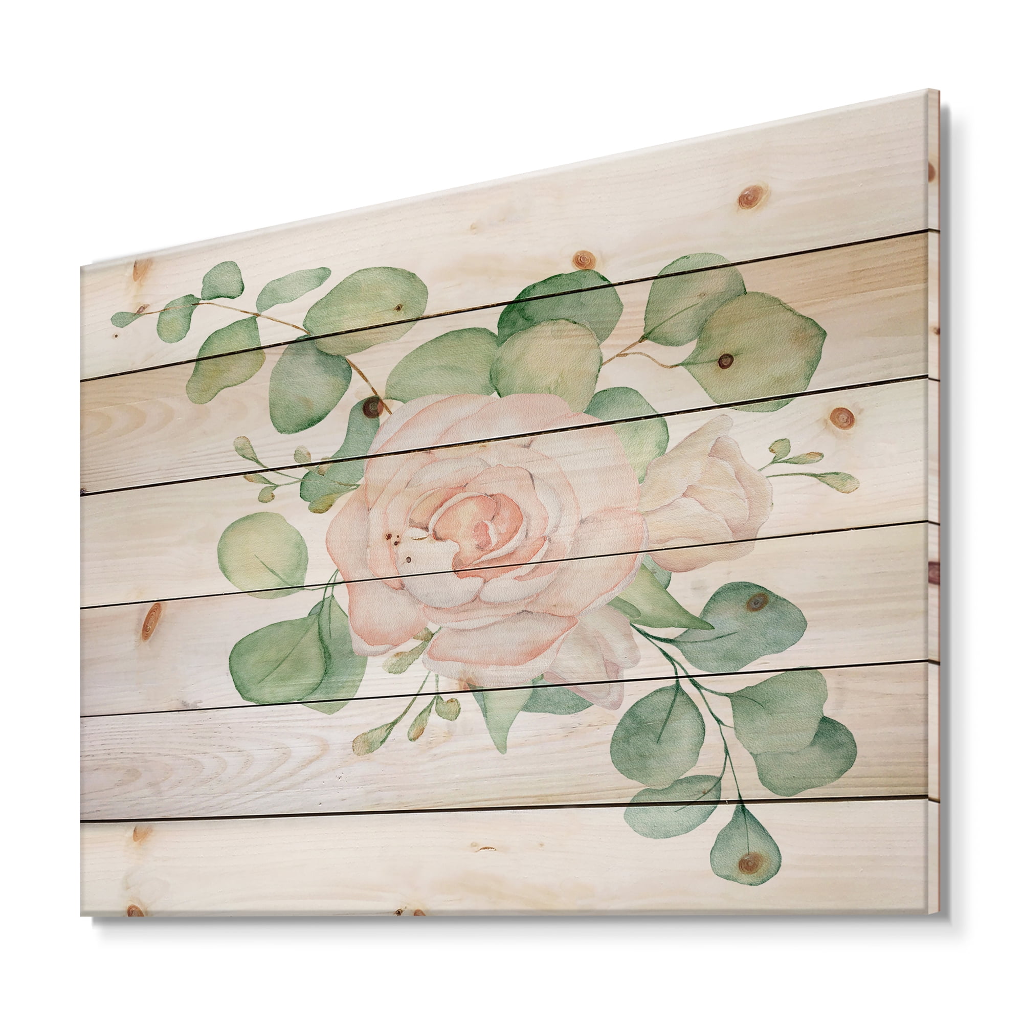 Designart 'Bouquet of Pink Roses Flowers and Eucalyptus Leaves' Traditional Print on Natural Pine Wood