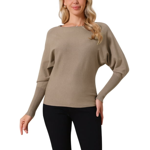 Suéteres de manga larga de murciélago para mujer Inspire Chic, oversized, con hombros al descubierto, cuello redondo, tejido suelto, talla XL, color marrón