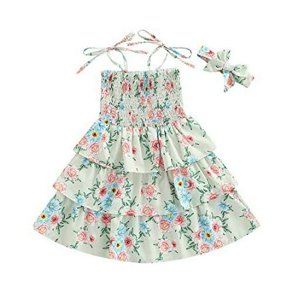 StylesILove Baby Toddler Girls Floral Print Smocked Tiered Sleeveless Dress & Headband 2pcs Summer Ruffle Sundress Outfit (Green, 6-12 Months)
