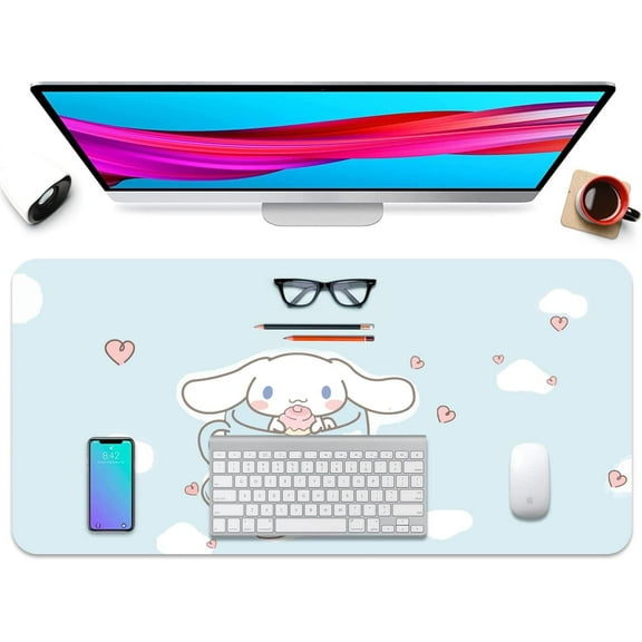 Kawaii Mouse Pad Cartoon Gaming Mouse Pad Cute Leather Desk Pad Protector Cartoon Gaming Mouse Pad Anime Office Desk Non-Slip PU Leather Desk Blotter (Blue, 35.4"x15.7")