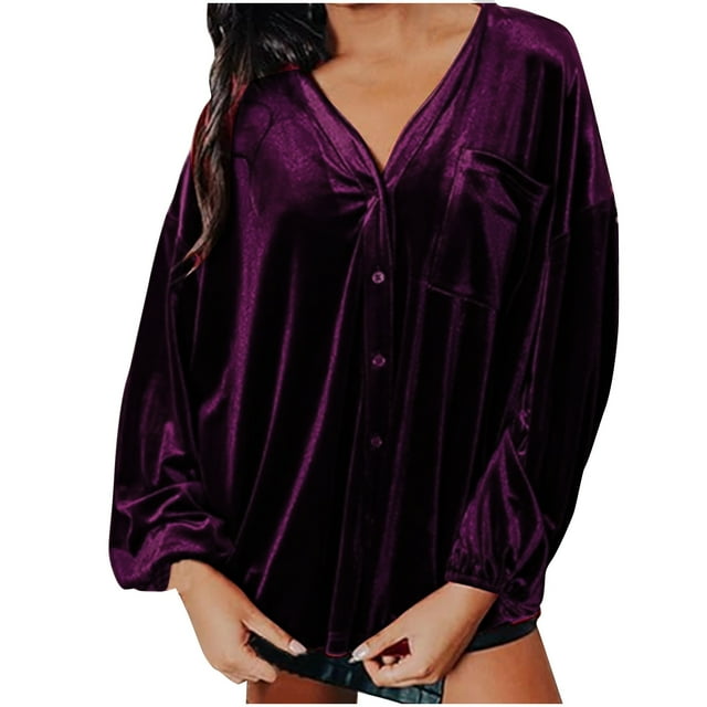 Besolor Velvet Tops for Women Vintage Long Sleeve Button down Shirts Casual Loose Spring Fall Blouse with Pocket