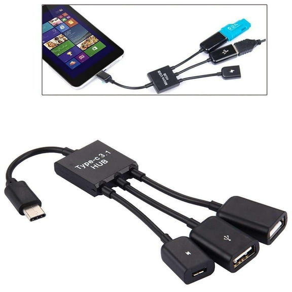 AMZER 17.8cm 3 Ports USB Type-C 3.1 OTG Charge HUB Cable - Black
