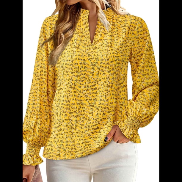 Blusa de Estilo Bohemio con Cuello en V y Mangas Largas, Estilo Floral, Informal, Holgada, de Verano, con Mangas Abullonadas para Mujer. Amarillo M