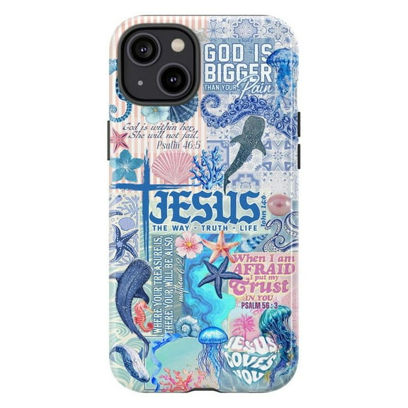 Christian Ocean Bible Verse Phone Case, Faith-Based Coastal Design with Jesus and Scripture for iPhone 16 15 14 13 12 11 Pro Max Plus Mini