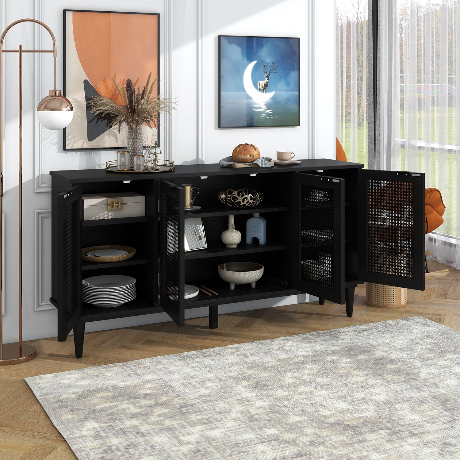 Kadyn Large Storage Space Sideboard, Floor Storage Cabinet for Living Room, Storage Sideboard Buffet Cabinet with Artificial Rattan Door, Black Kadyn Large Storage Space Sideboard, Floor Storage Cabinet for Living Room, Storage Sideboard Buffet Cabinet with Artificial Rattan Door, Black