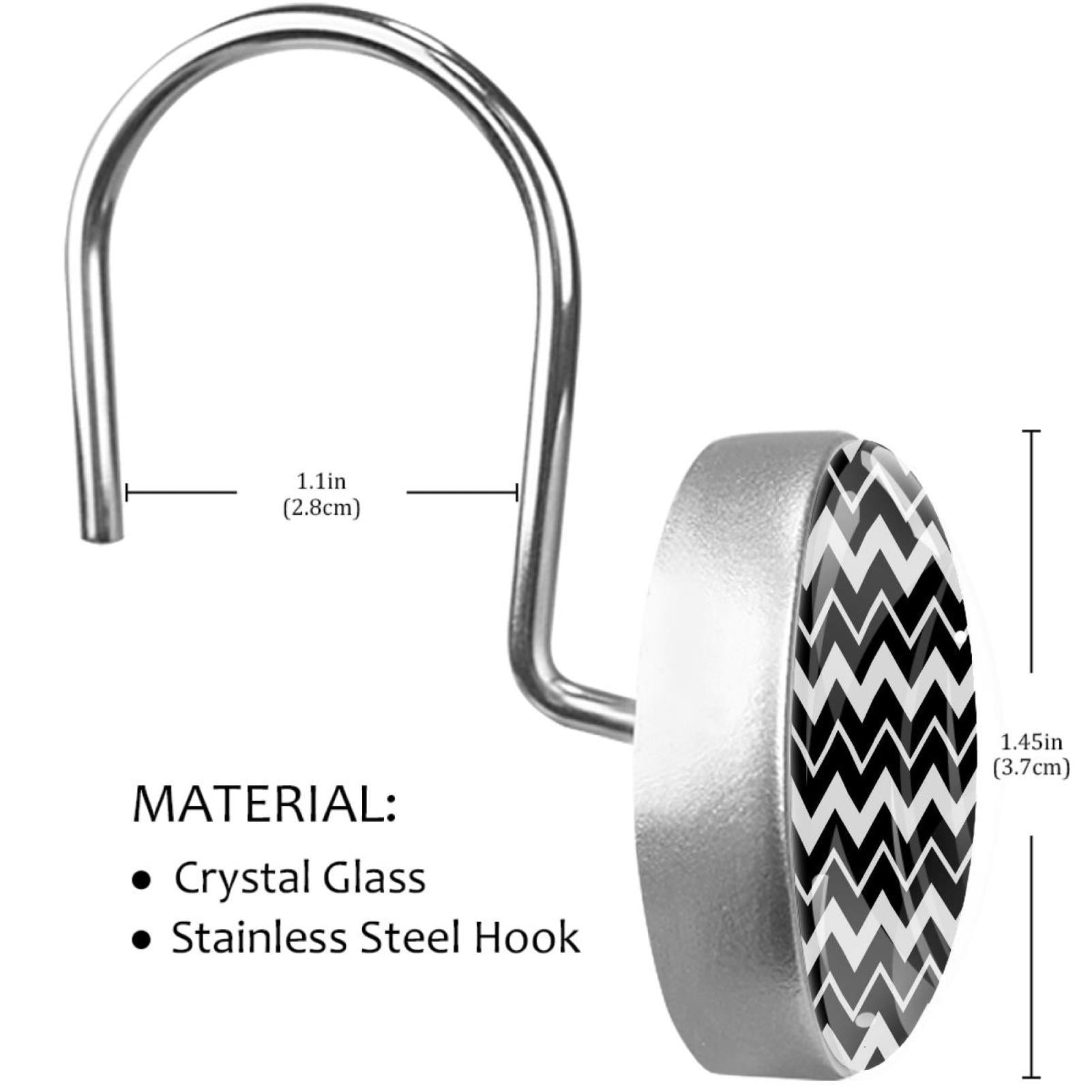 Black and White Stripes Shower Curtain Hooks（Set of 12）for Home Hotel Shower Rods Bathroom Crystal Glass Print Stainless Steel Round Curtain Hooks