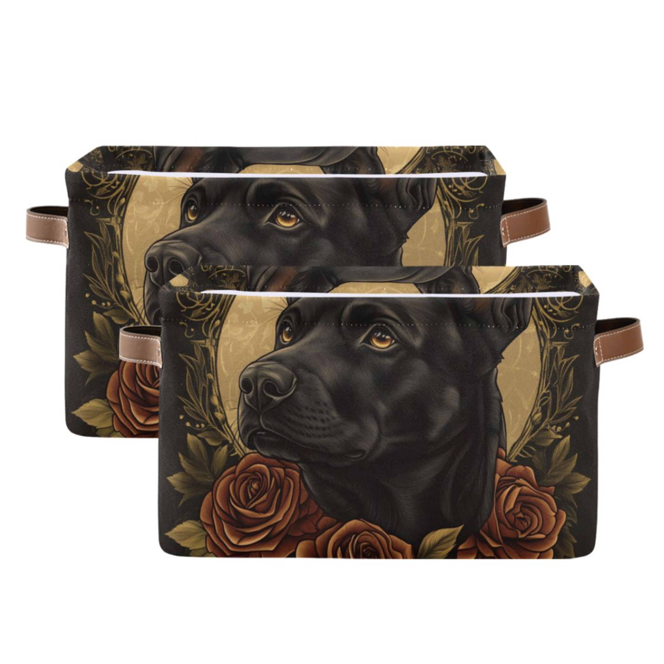 WOBOGO The Black Dog with Red Rose Square Storage Basket with Waterproof Canvas and PE Lining Durable PU Leather Handles 14.2×10.2×8.3in