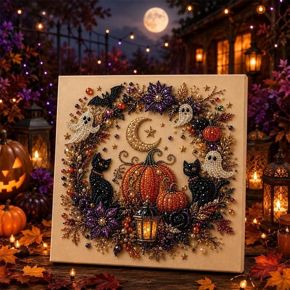 HUJTYs Halloween Diamond Pearl Art DIY Kit Adults 3D Fall Painting | Canvas beads pen tray gel plus cozy spooky decor gifts beginners relaxing seasonal handmade wall display home tabletop ready