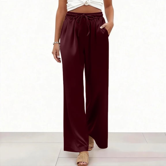 Satin Pants for Women Wide Leg Elastic Drawstring Waist Silky Pants Summer Casual Loose Trousers with Pockets, S