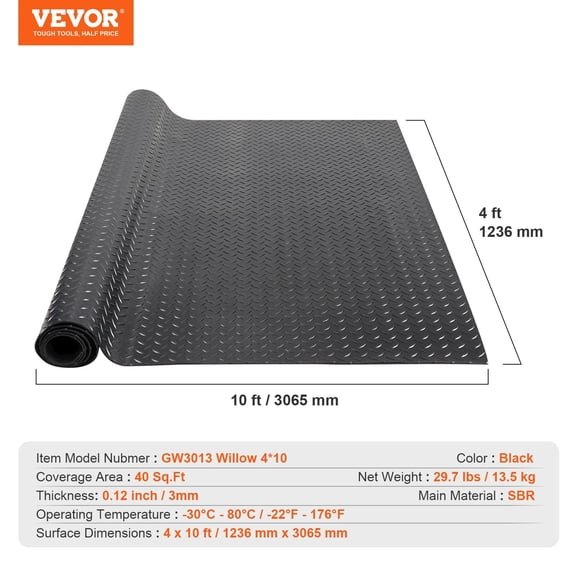 Diamond Plate Rubber Flooring Roll, 3mm Thick x 4 ft Wide x 10 ft Long, Black SBR Anti-Fatigue Garage Mat, Easy to Clean & Install, for Garage, Workshop, Auto Shop, Gym, Commercial Use