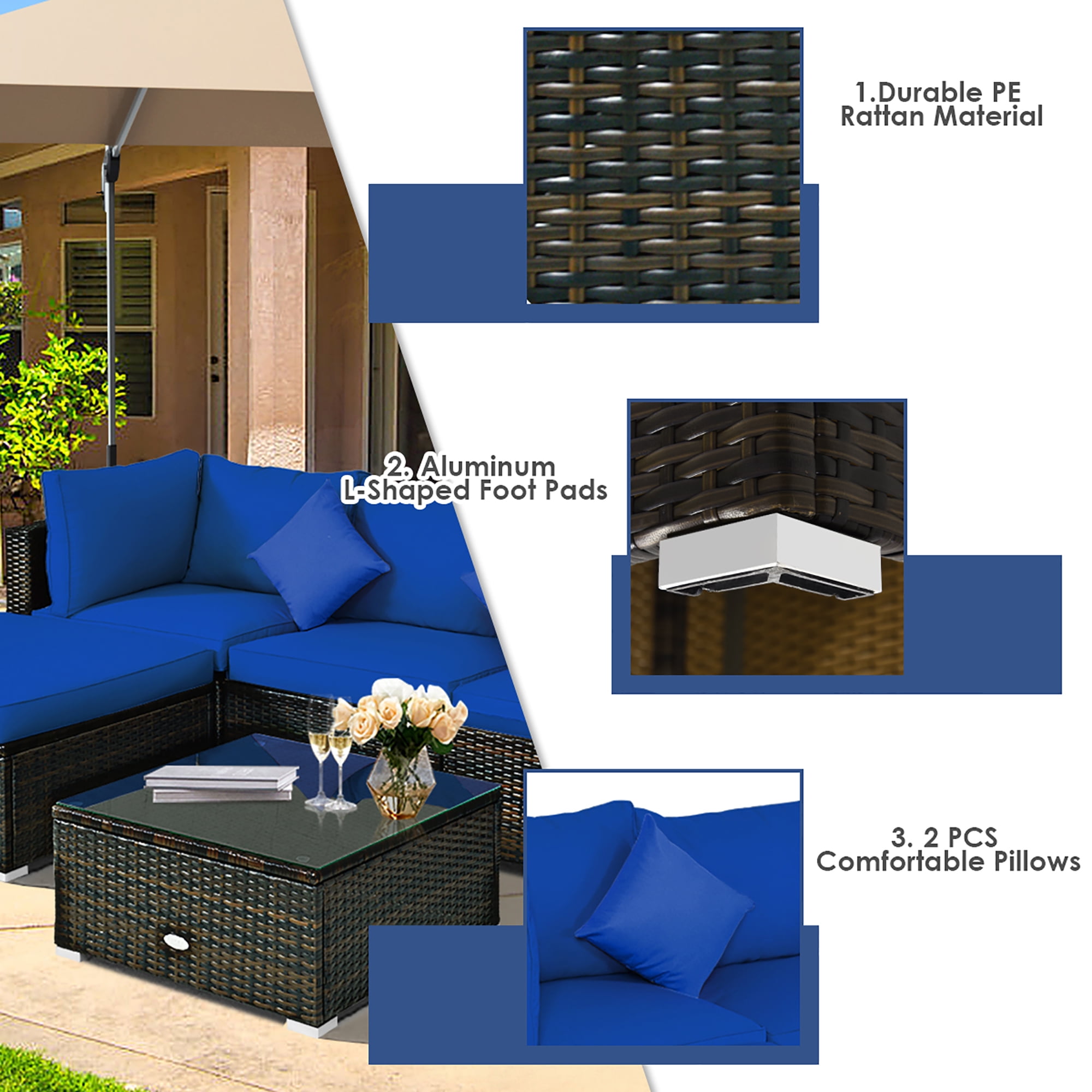 Costway 5PCS Outdoor Patio Rattan Furniture Set Sectional Conversation W/Navy Cushions