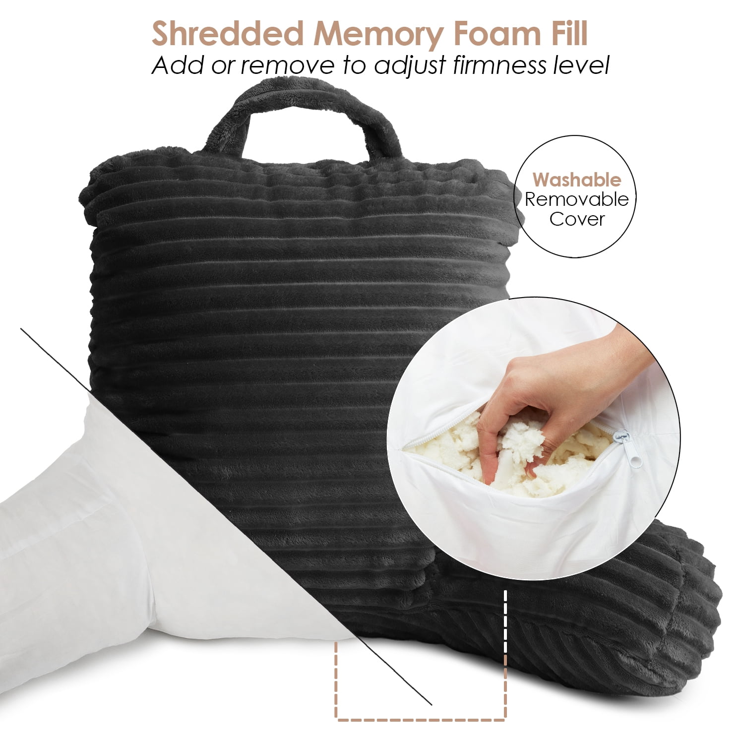 Clara Clark Bedrest Reading Pillow with Arms and Pockets-Shredded Memory Foam, Medium, Dark Gray