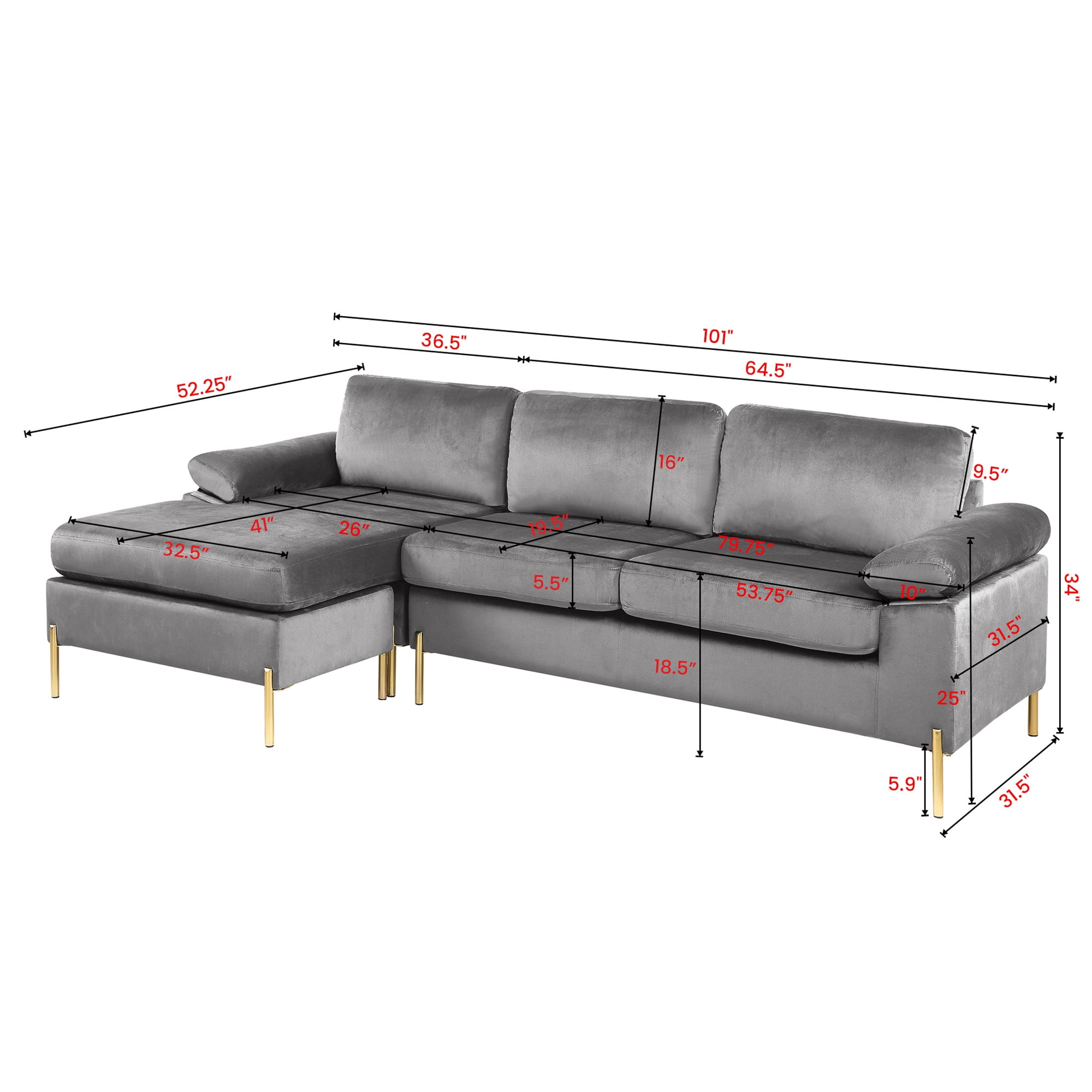 Aukfa 101" Velvet Sectional Sofa Pillow Top Arm Sleeper Couch for Living Room, Gray