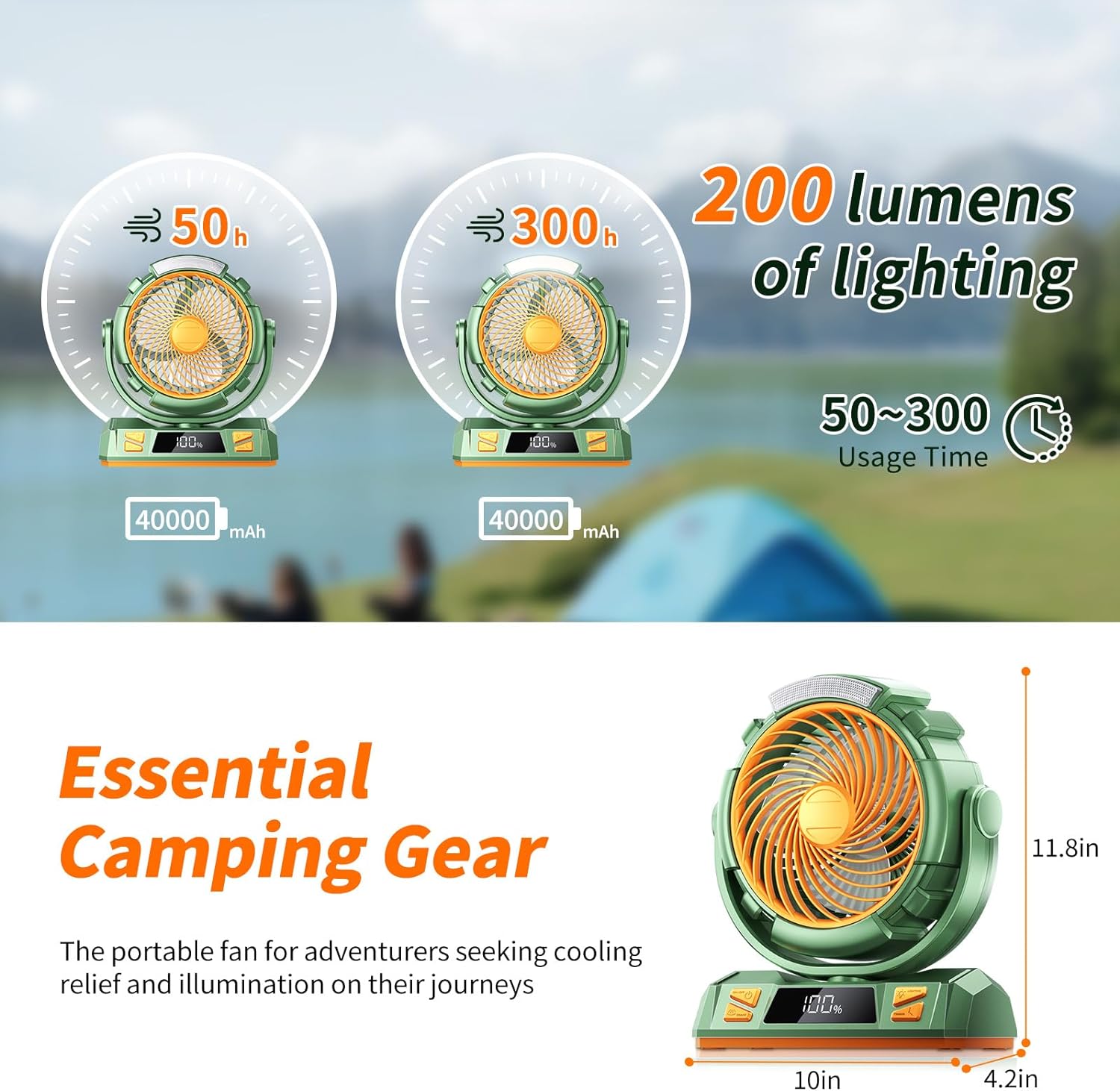 Camping LED Fan with Light, 40000mAh Rechargeable Battery Powered Outdoor Tent Fan with Light and Hook, 4 Speed, Personal USB Desk Fan for Camping, Fishing, Power Outage,Hurricane, Worksite