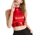thumbnail image 4 of Women Faux Leather Shiny Wetlook Mock Neck Crop Top Vest Tank Top Dance Clubwear, 4 of 11