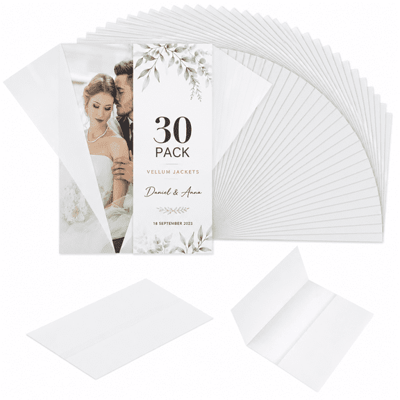 30 Pack Pre-Folded Vellum Jackets for 5 x 7 Invitations, 93GSM Translucent Matte Wraps for Wedding Invitations, Bridal Shower, Greeting Cards & DIY Crafts