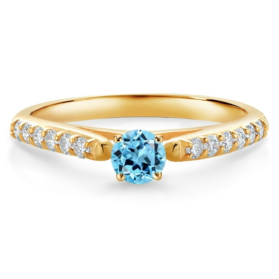 Gem Stone King 10K Yellow Gold Swiss Blue Topaz and White Lab Grown Diamond Engagement Ring for Women (0.38 Cttw, Gemstone November Birthstone, Round 3.5MM, Size 7)