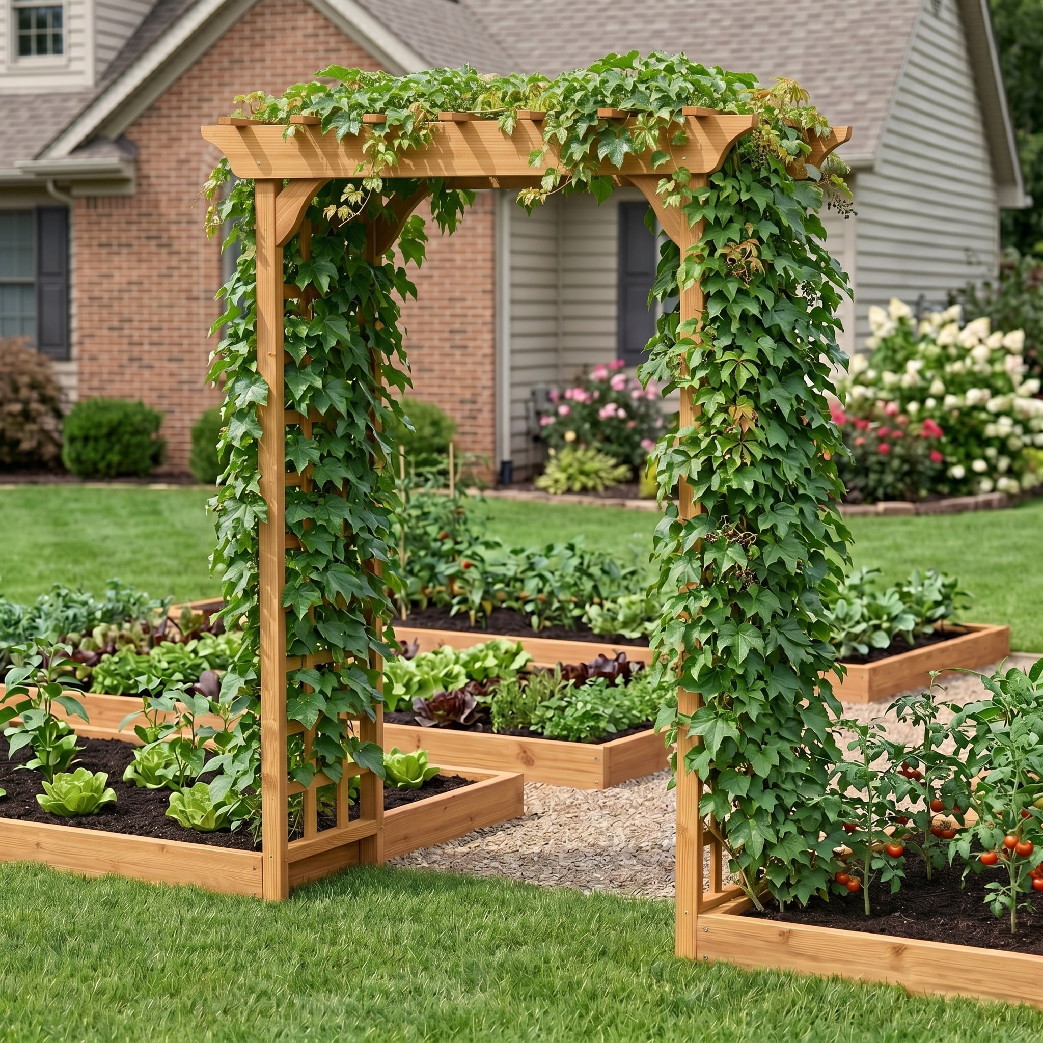 Wooden Garden Arbor with Lattice Trellis Pergola Top Outdoor Wedding Backdrop Plant Climbing Support