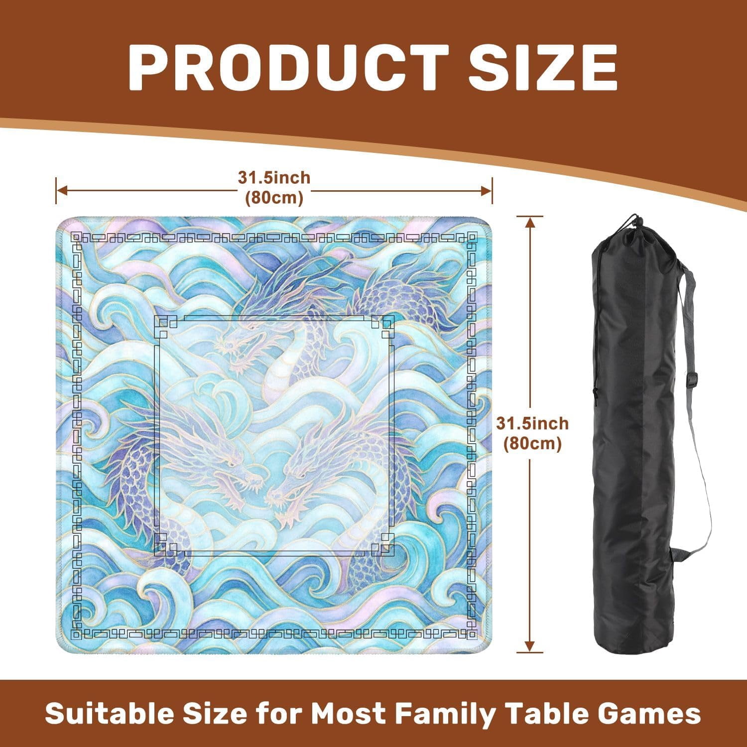 Mahjong Mat for Table Sea Waves Dragons Magic Seamless Watercolor Hand Drawn Blue Teal 31.5" x 31.5" Non-Slip Noise-Reducing Game Mat Premium Mahjong Accessories for Poker Dominoes Board Games