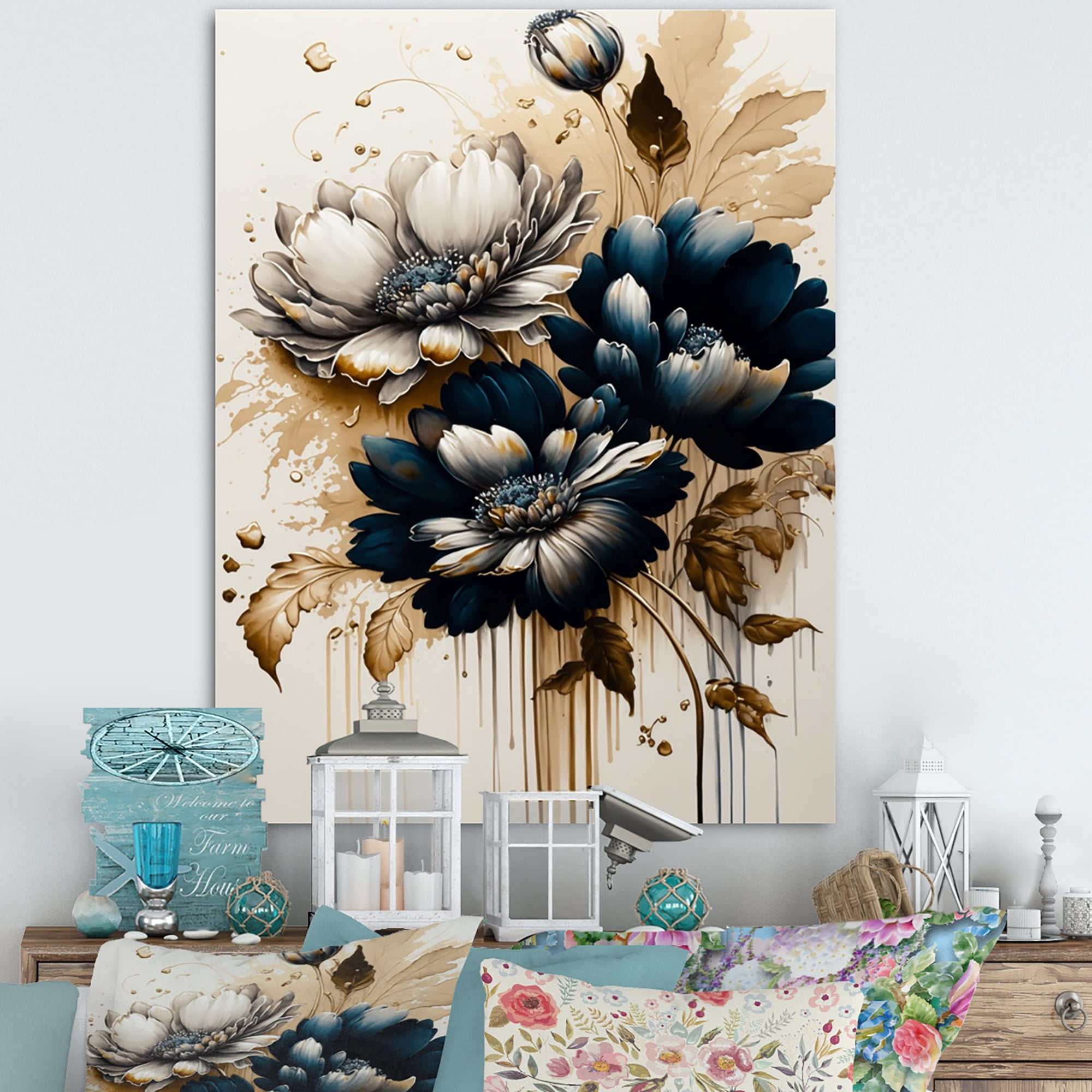 Designart Blue And Gold Daisy Bunch IV Canvas Wall Art