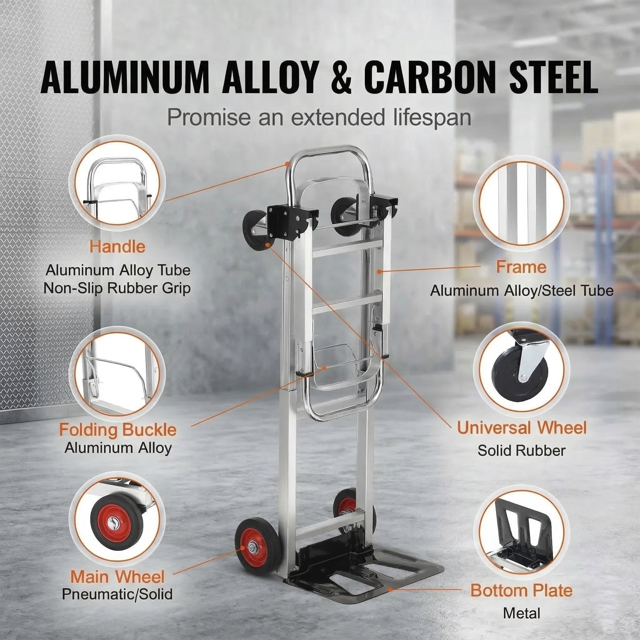 Aluminum Folding Hand Truck 2 in 1 Design - 400 lbs Capacity, Heavy Duty Industrial Collapsible Cart, Dolly Cart with Rubber Wheels for Transport and Moving in Warehouse, Supermarket, Garden - 1 Piec