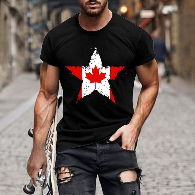 Tops para hombre, blusas y camisas de cuello redondo y manga corta para hombre. Camiseta de cuello redondo y manga corta con estampado de bandera canadiense para hombre. Blusa de algodón y poliéster p