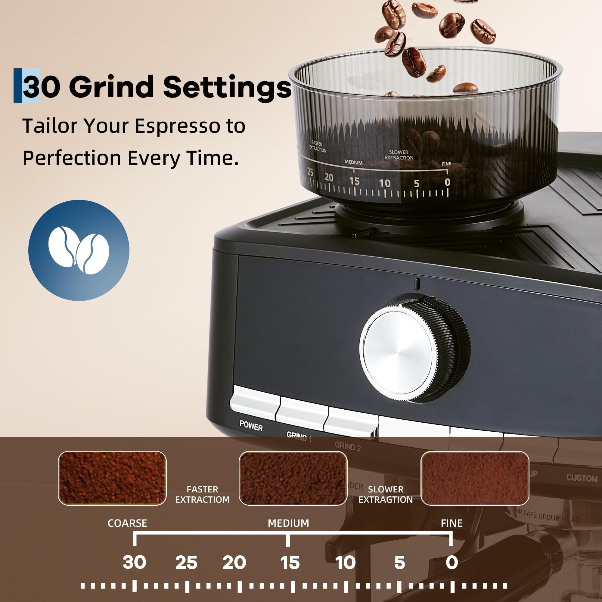 Soonbuy 20 Bar Pressure Espresso Machine, with Grinder & Milk Frother, 1.5L Removable Tank, Adjustable Shot Volume, Professional Stainless Steel Coffee Maker, for Home and Office