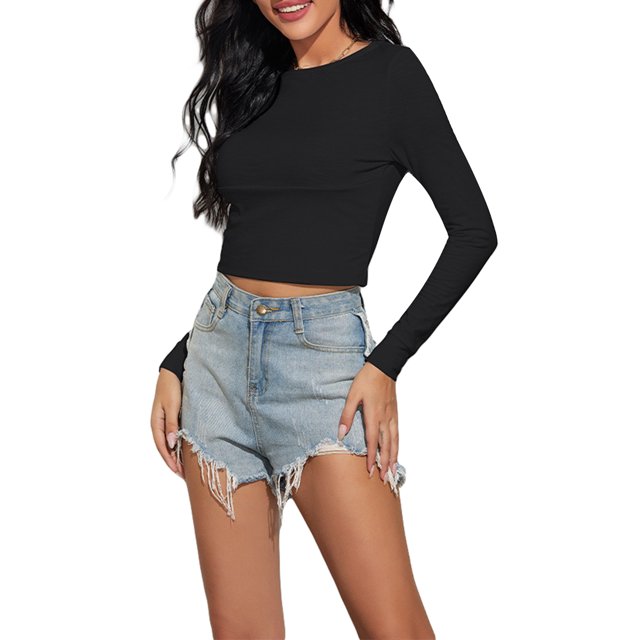 xiaxaixu Women Solid Color Crop Tops Crew Neck Long Sleeve T-Shirts Spring Fall Slim Fit Shirts Streetwear