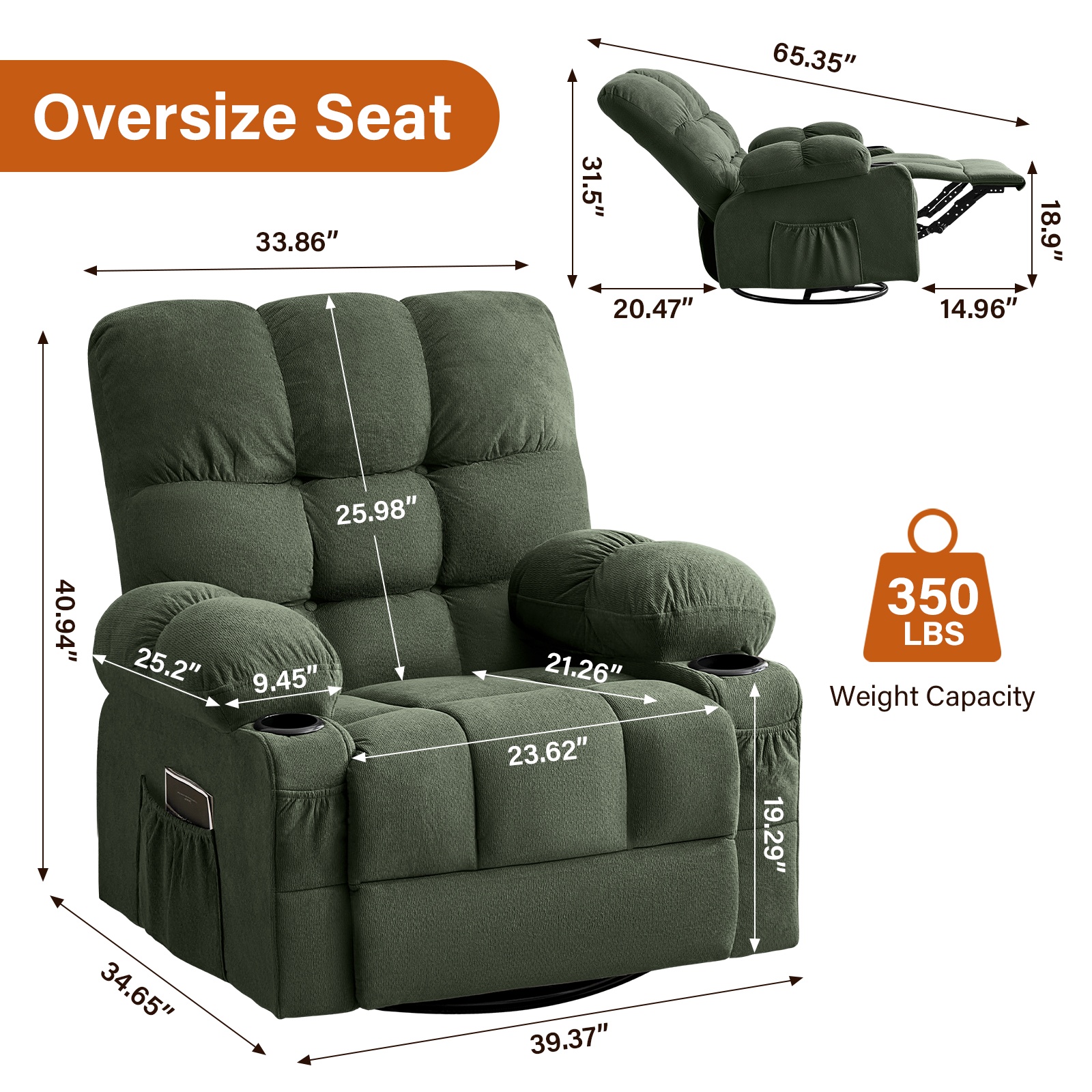 Alvantor Swivel Rocker Recliner Chair with Massage & Heat Single Rocker Sofa with Cup Holders for Bedroom Home Theater Green