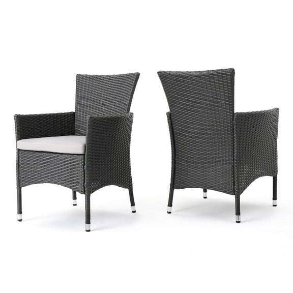 Handmade Home 33 Inch Gray Wicker Outdoor Dining Armchair Set of 2 with Aluminum Frame and Beige Upholstered Cushions