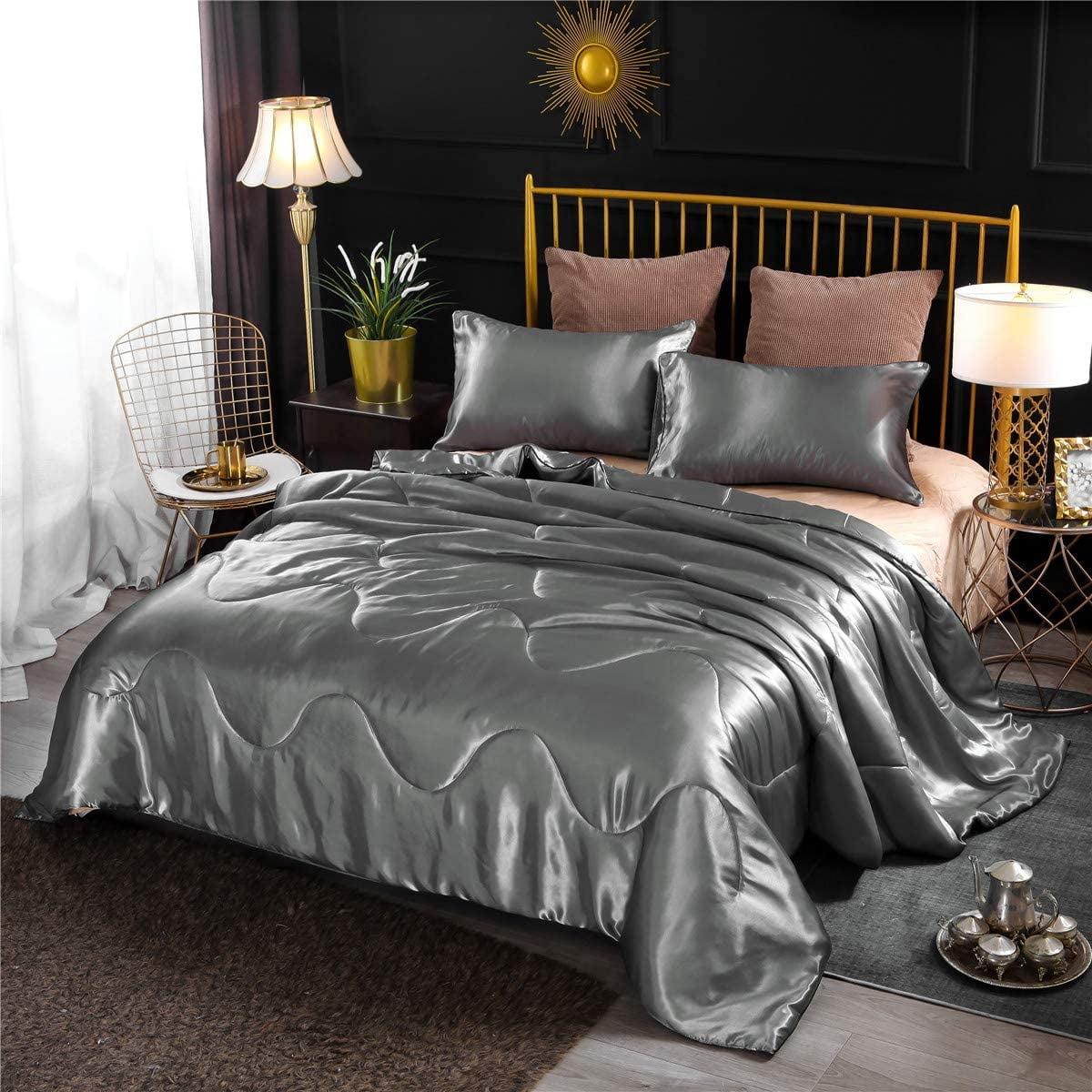【Atelier silky】 NTBED Silky Satin Comforter Set, King Size, Gray, Wave Quilted, 3