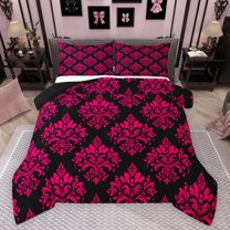 Manfei Ancient Damask Jacquard Queen Comforter Set,Boho Floral Baroque Flower Bedding Sets,Black Hotpink Bedding Comforter Set For Kids,Breathable Home Decor Reversible,3-Piece