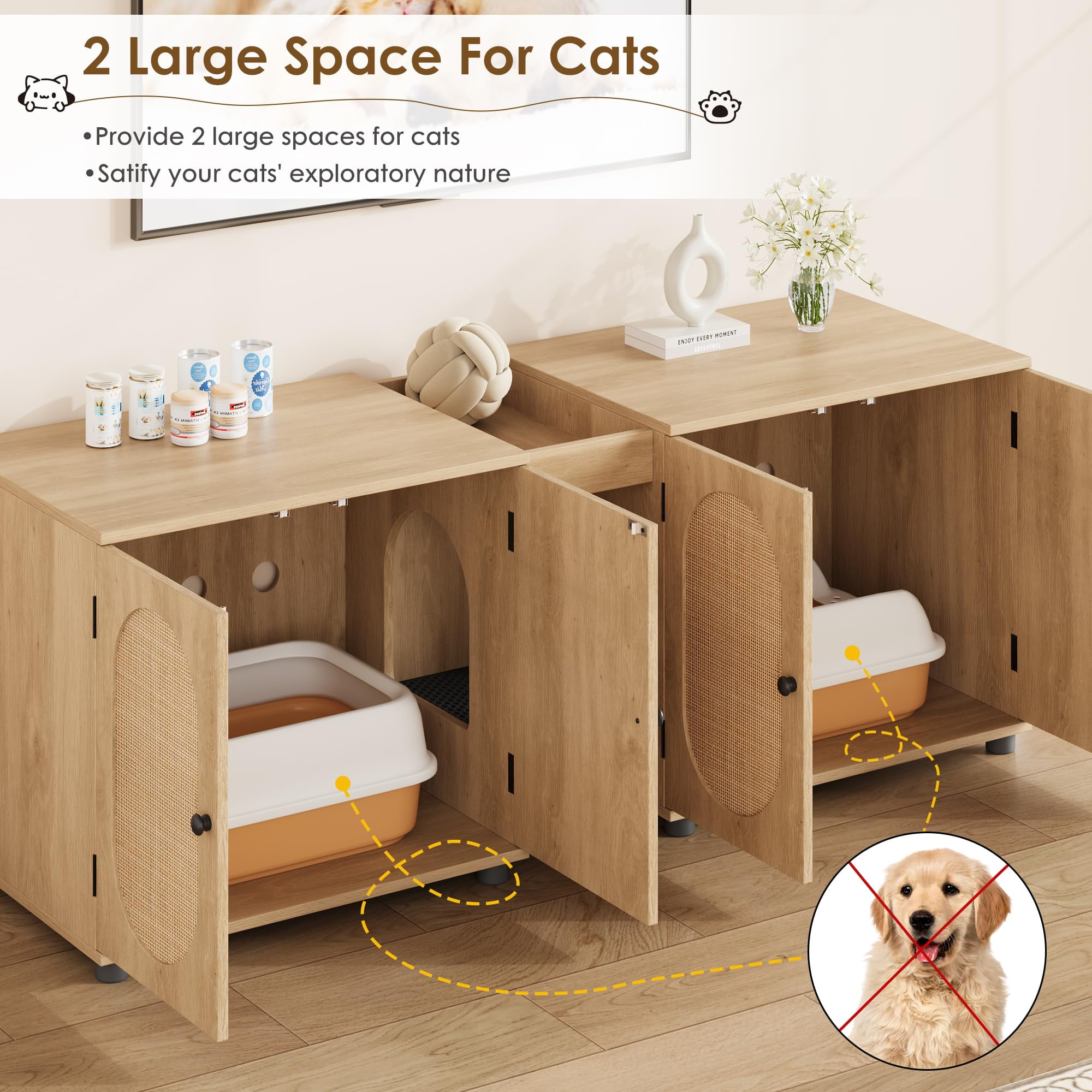 TROPOW Cat Litter Box Enclosure 55.1" Double Litter Box Furniture Large Cat Box Enclosure Kitty Litter Box for 2 Cats Hidden Cat Litter Cabinet Double Cage with Cat Litter pad Rattan Door,Wood Color