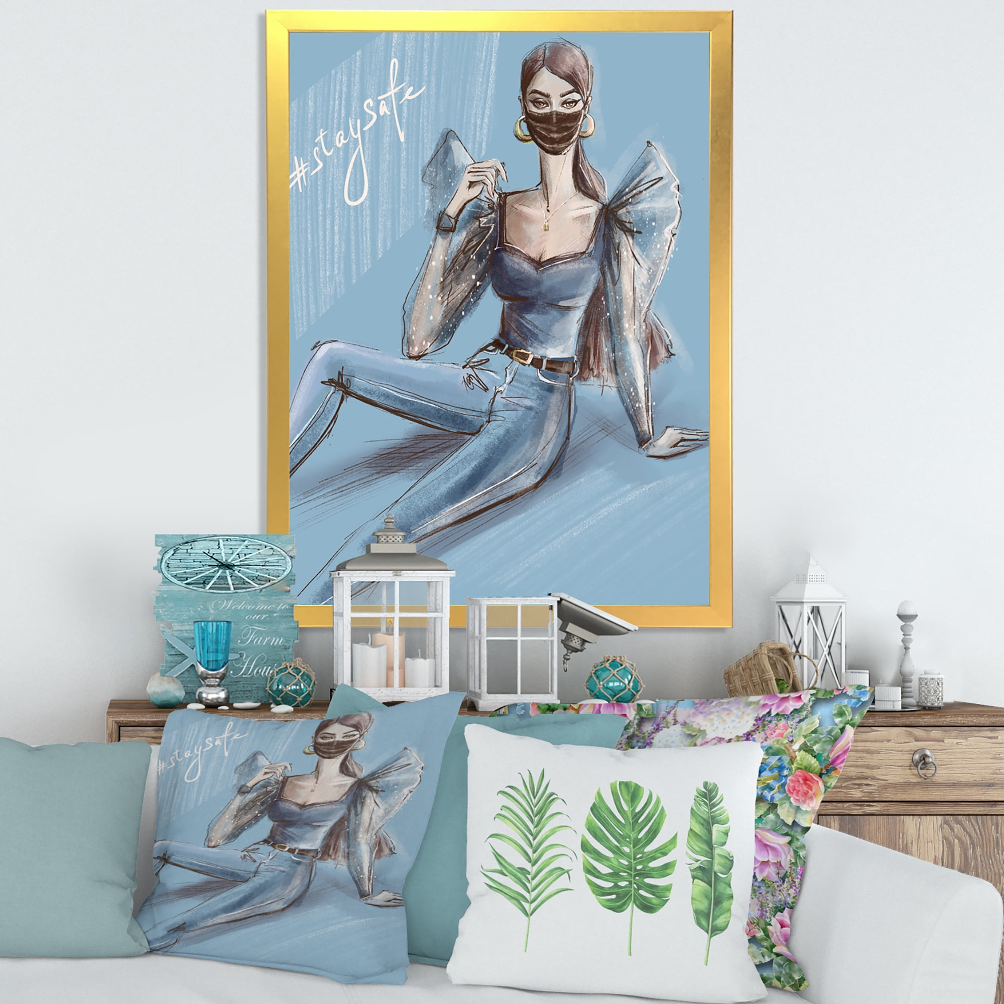 Designart 'Stylish Beautiful Woman Wearing Medical Mask' Traditional Framed Art Print
