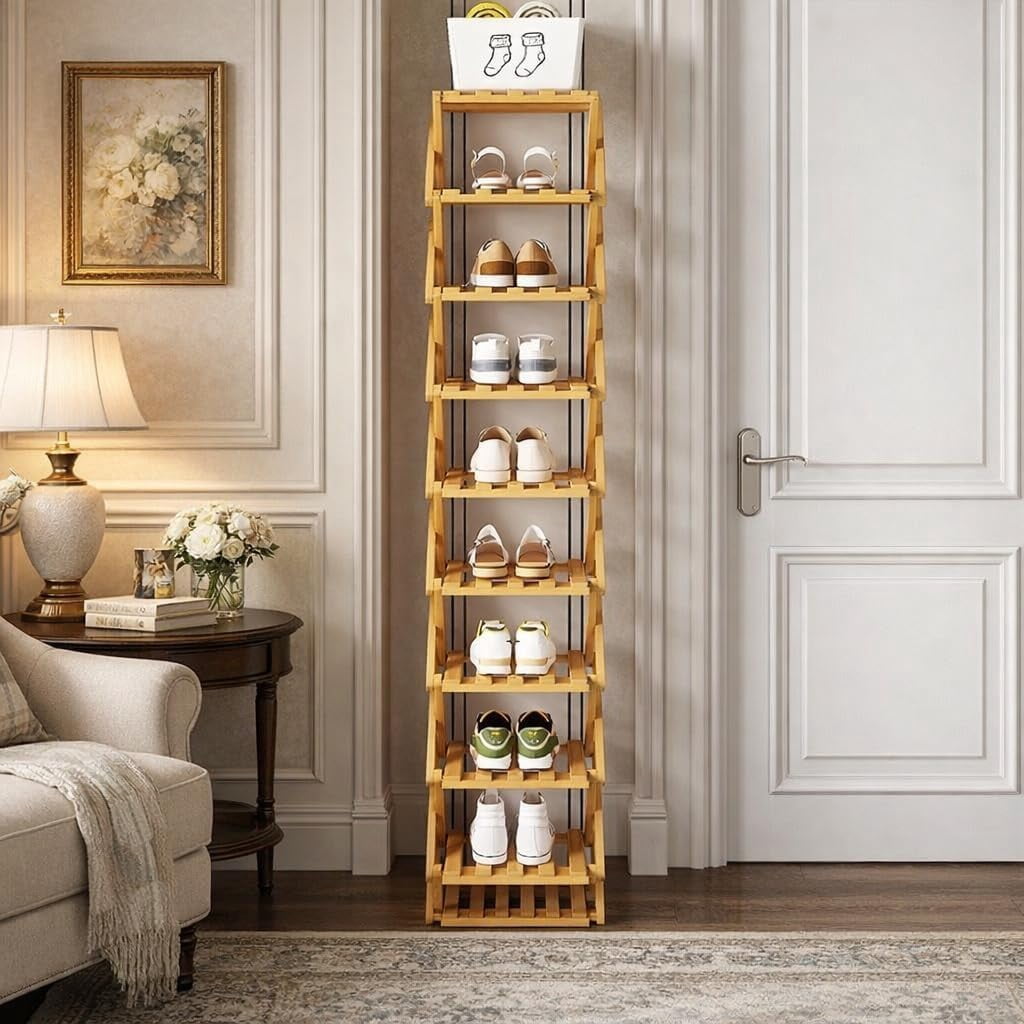 The 9-Tier No-Assembly Bamboo Rack, 2026 Upgraded Foldable 9 Tier Bamboo Corner Shoe Rack, Space-Saving Organizer for Shoes, No Assembly Narrow Shoe Shelf for Entryway Closet Dorm