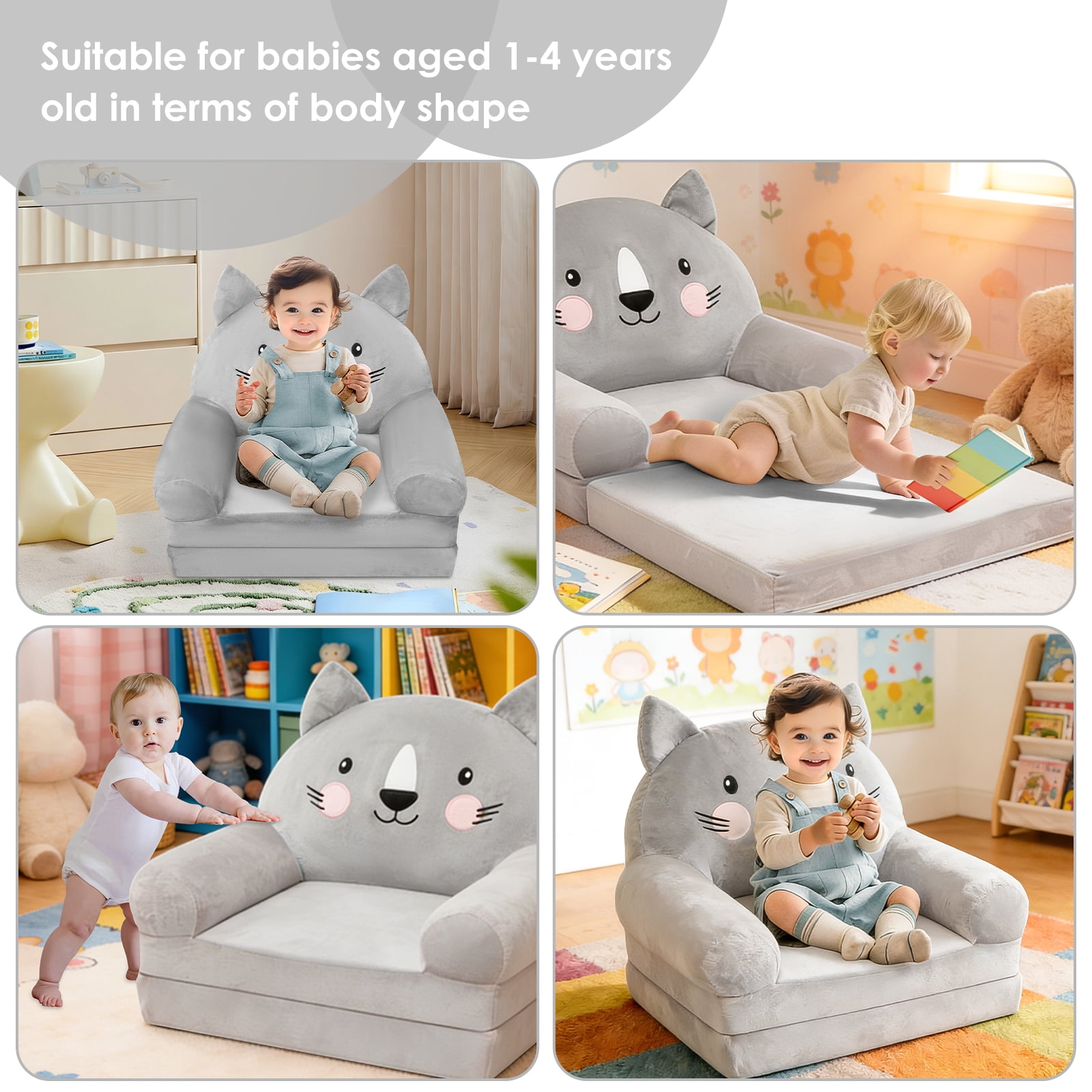 Dznils Toddler Sofa Chair, 2-in-1 Soft Foam Flip Open Kids Couch Lounger Comfy, Ages 1+, Gray Cat