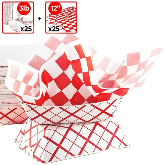 Avant Grub 3 lb Checkered Paper Food Tray with Matching Deli Liner, 25 Each