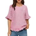 thumbnail image 5 of Women's Striped Ruffled Loose Top Round Neck Pullover Shirt Fashion Back Button Short Sleeve T-Shirt,Red,S, 5 of 7