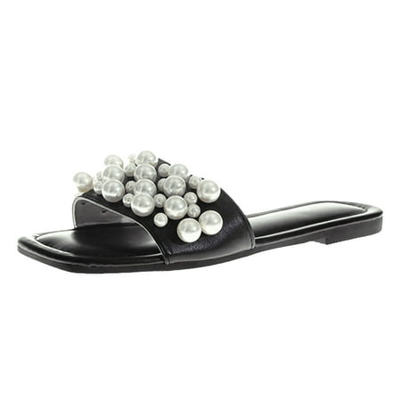 

Sandals Women Comfortable Cute Slippers Fashionable Summer New Pattern Pearl Decoration Large Flat Beach Shoes Comfortable Non Slip Sandals Shoes For Women Sandals Comfortable