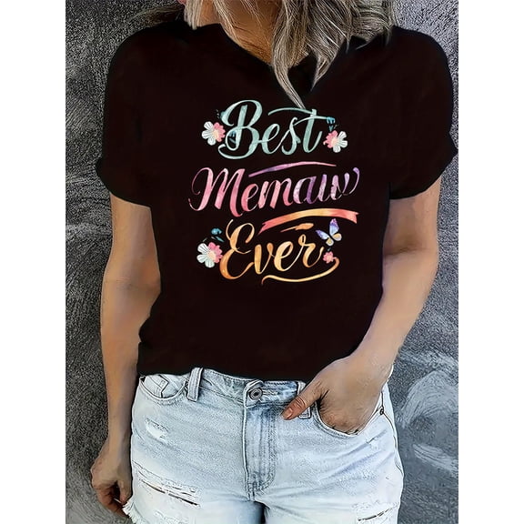 Women's Best Memaw Ever Floral Graphic T-Shirt Casual Short Sleeve Grandmother Gift Tee Retro Butterfly Design Top