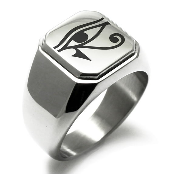 Stainless Steel Egyptian Eye of Horus Engraved Square Flat Top Biker Style Polished Signet Ring