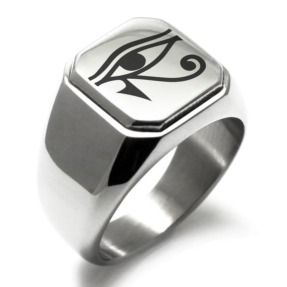 Tioneer Stainless Steel Egyptian Eye of Horus Engraved Square Flat Top Biker Style Polished Signet Ring