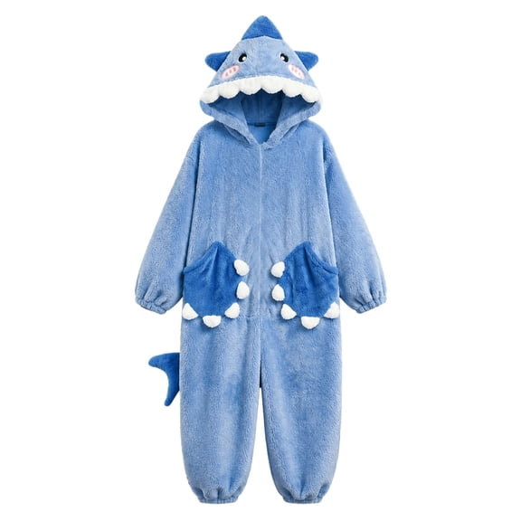 BOOMNY Halloween Flannel Pajamas Jumpsuit for Men And Women Cartoon Shark Long Sleeve Hooded Pjs Jumpsuit Cozy Warm Loungewear Homewear